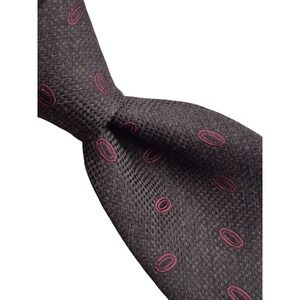 Lorenzini Hand Made in Italy Silk Blend Red Geometric Oval Pattern Necktie Black